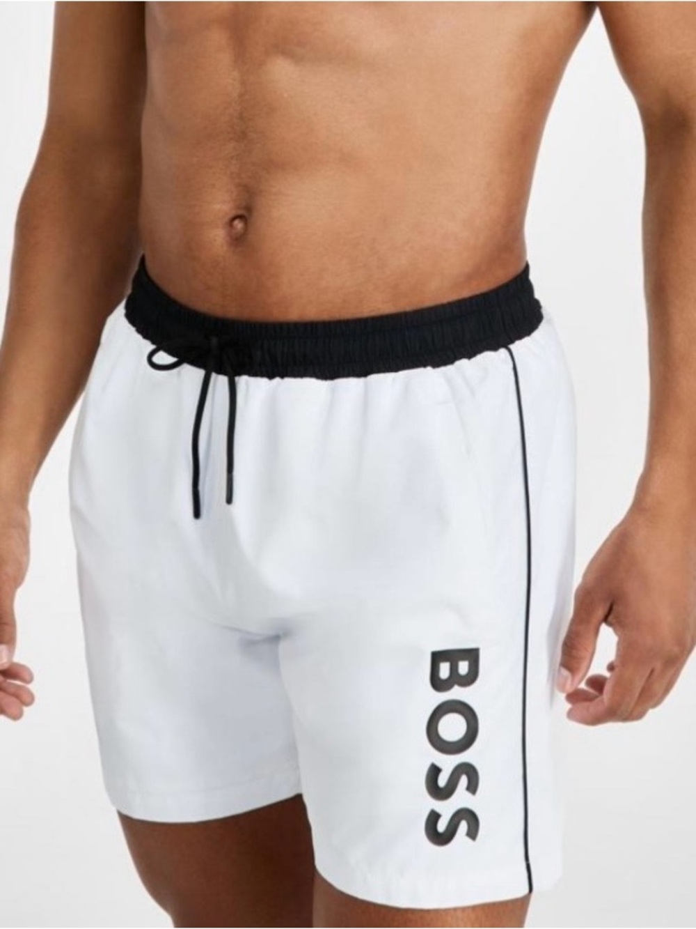 BOSS Men's White Athletic Shorts with Navy Waistband